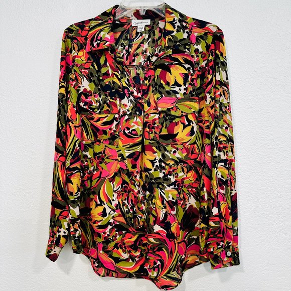 NWOT Jaclyn Smith Tunic Top HiLo MultiColor Long Sleeve V-Neck 2 Pockets Size Lg - Picture 1 of 9